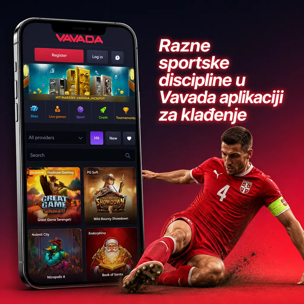 Prikaz sportskih disciplina za klađenje u Vavada aplikaciji: fudbal, košarka, tenis i eSport događaji uživo.