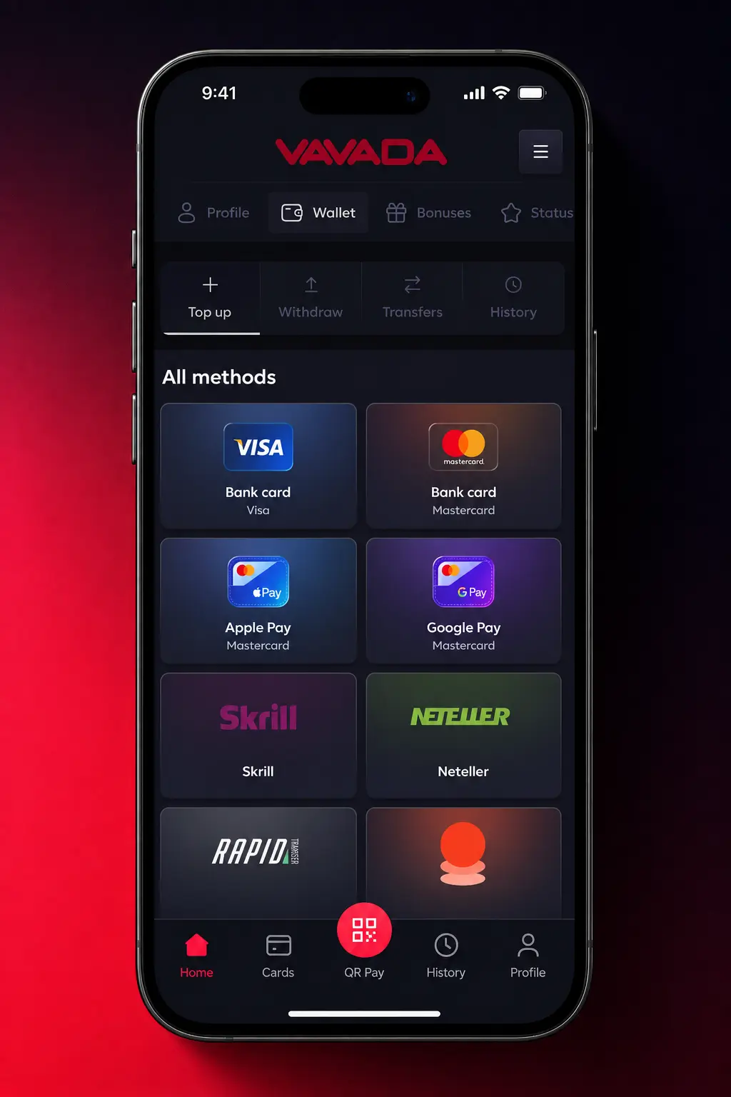 Uputstvo za depozit u Vavada aplikaciji na Androidu - koraci za uplatu preko novčanika i izbor metode plaćanja.